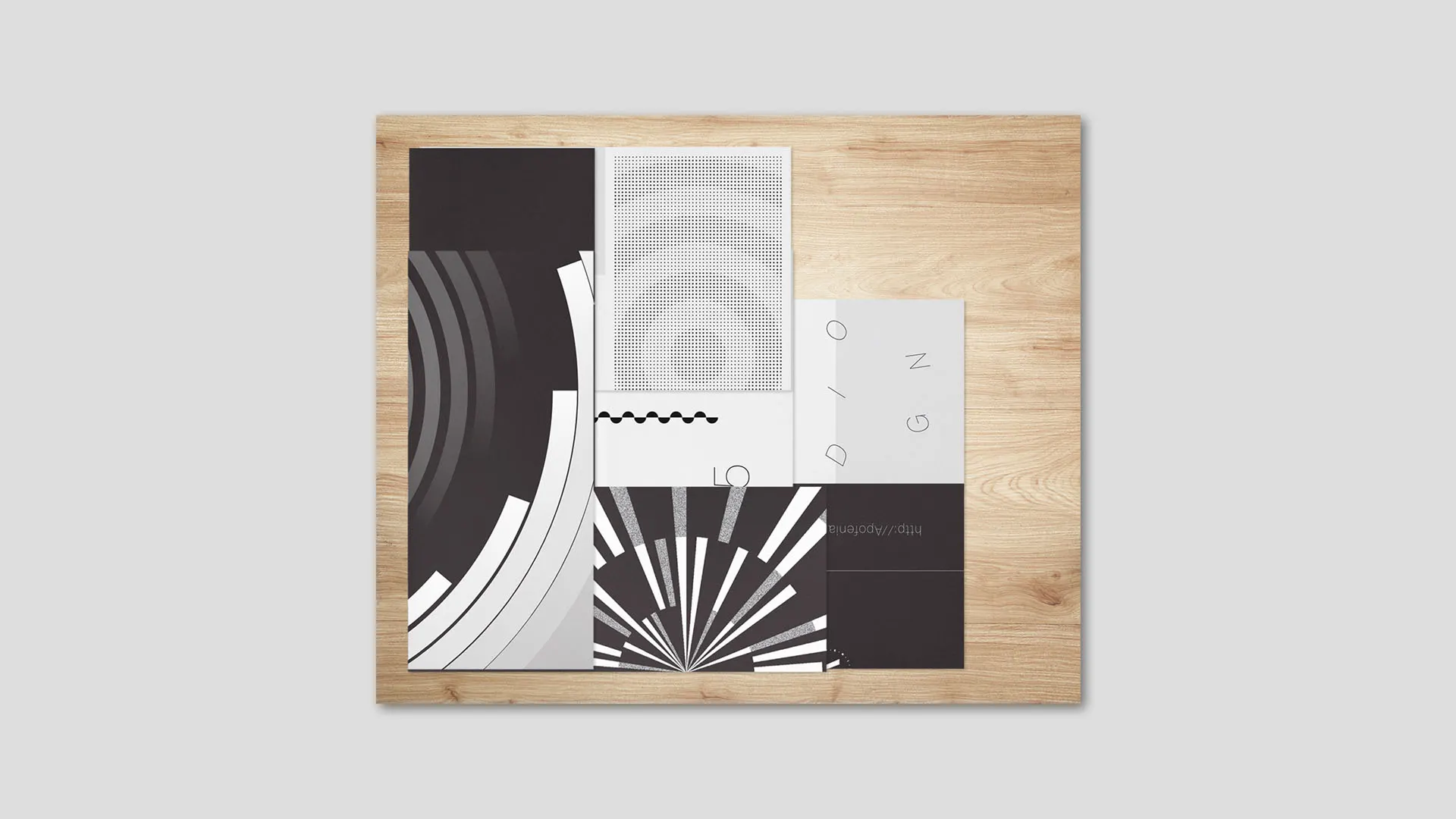 branding, stationery, black white, wood, top view, brochure, deconstruct, circles