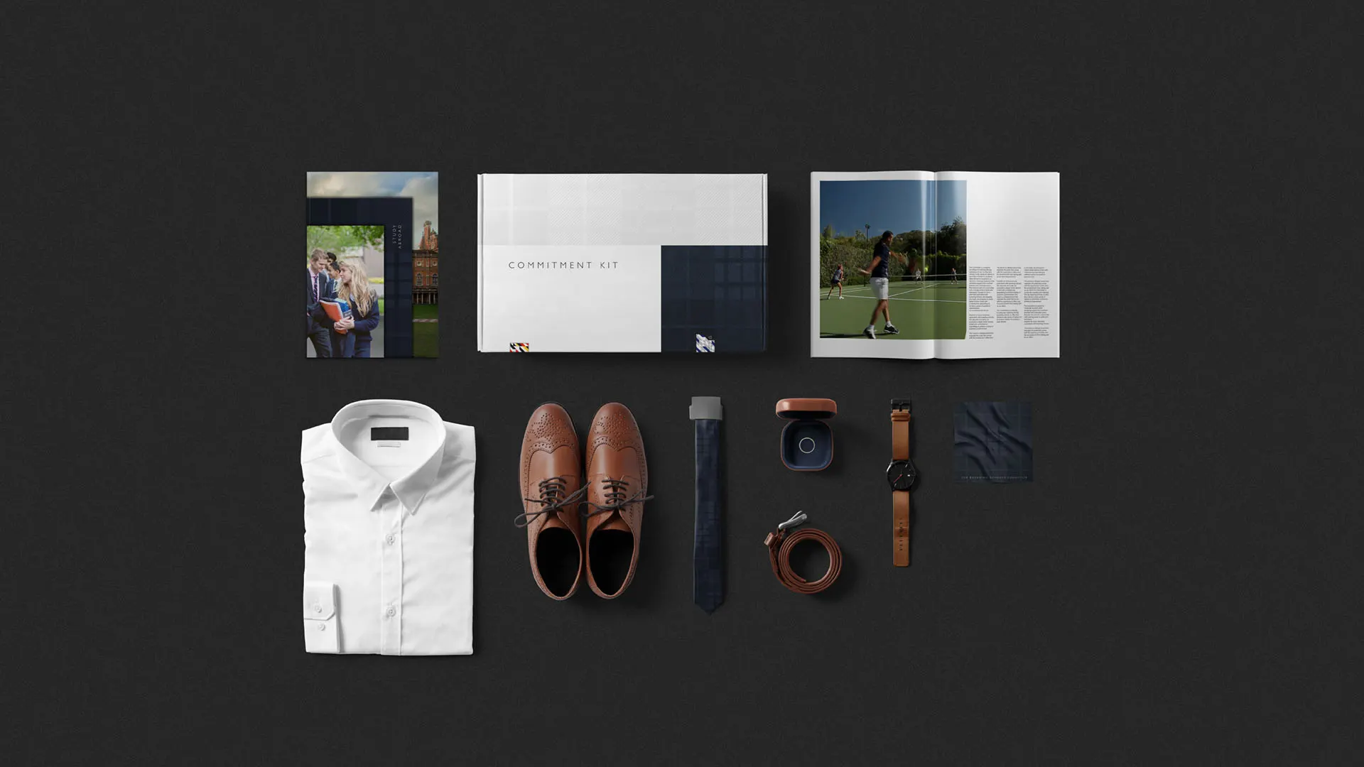 branding, stationery, blue, black, kit, box, packaging, package, brochure, clock, shoes, shirt, tie, ring