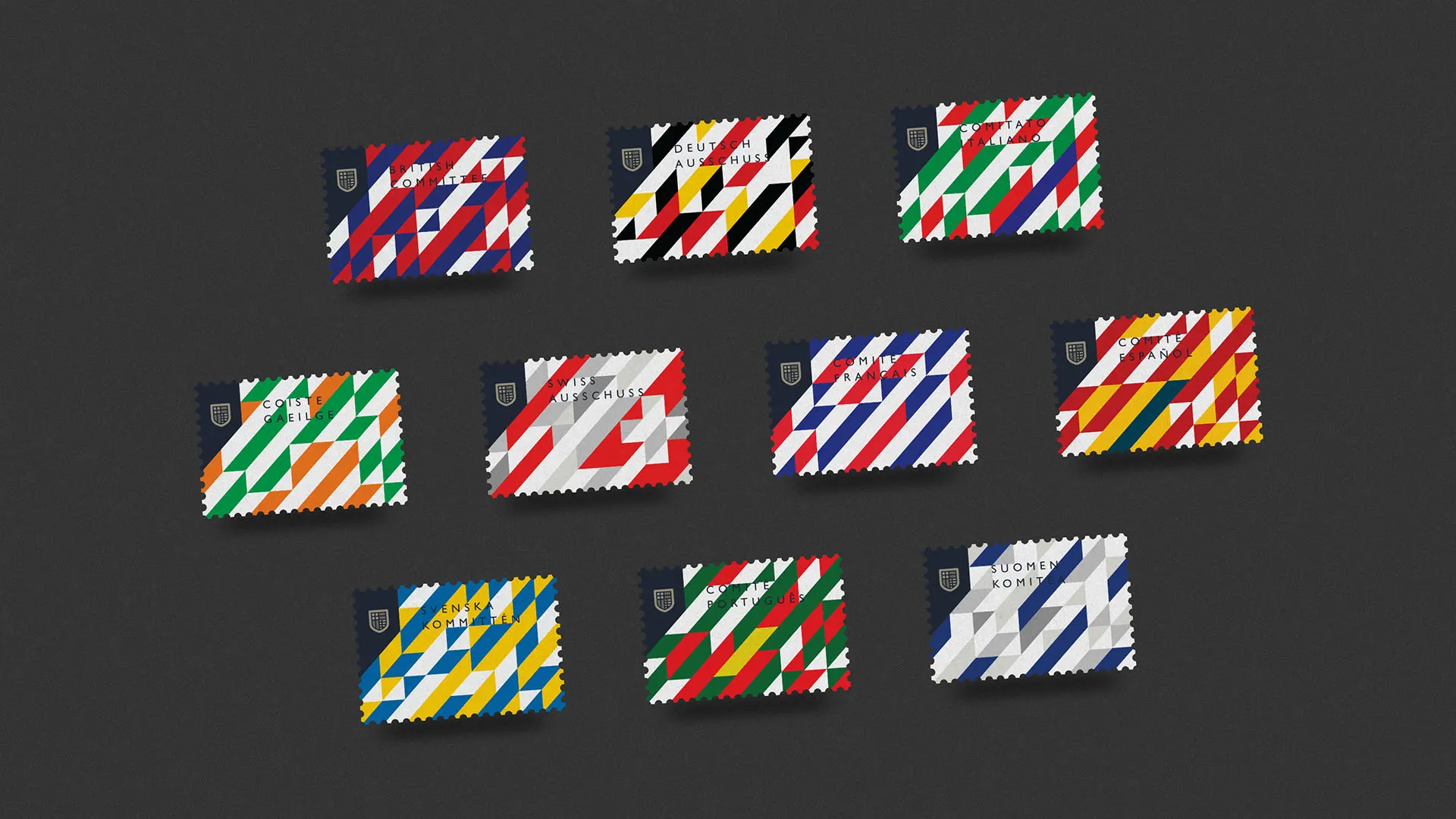 branding, stationery, plaid, top view, blue, black, post stamps, flags