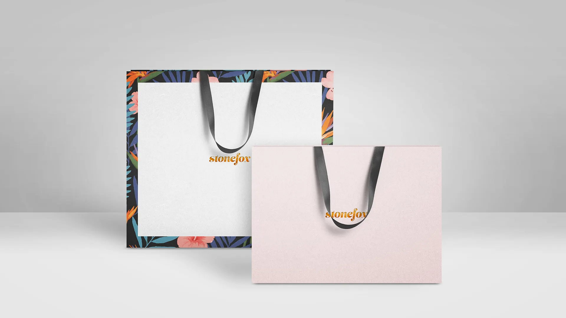 branding, stationery, soft pink, flower pattern, cute, foil, shopping bags