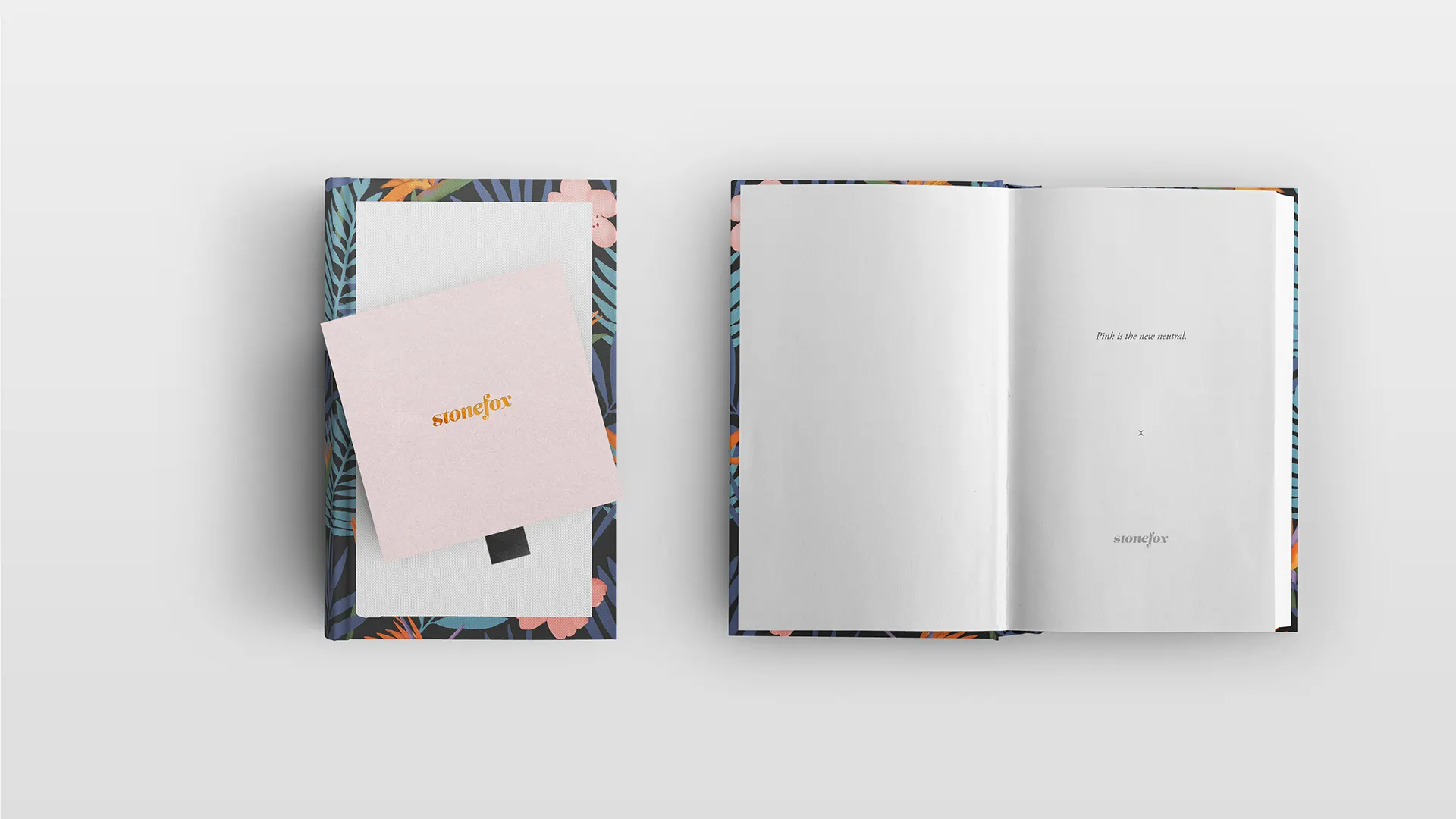 branding, stationery, soft pink, flower pattern, cute, foil, top view, book, box, package, packaging