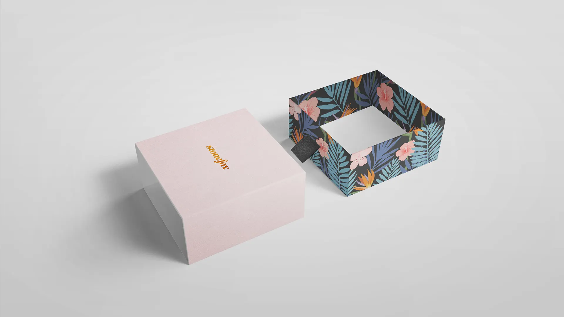 branding, stationery, soft pink, flower pattern, cute, foil, top view, box, package, packaging