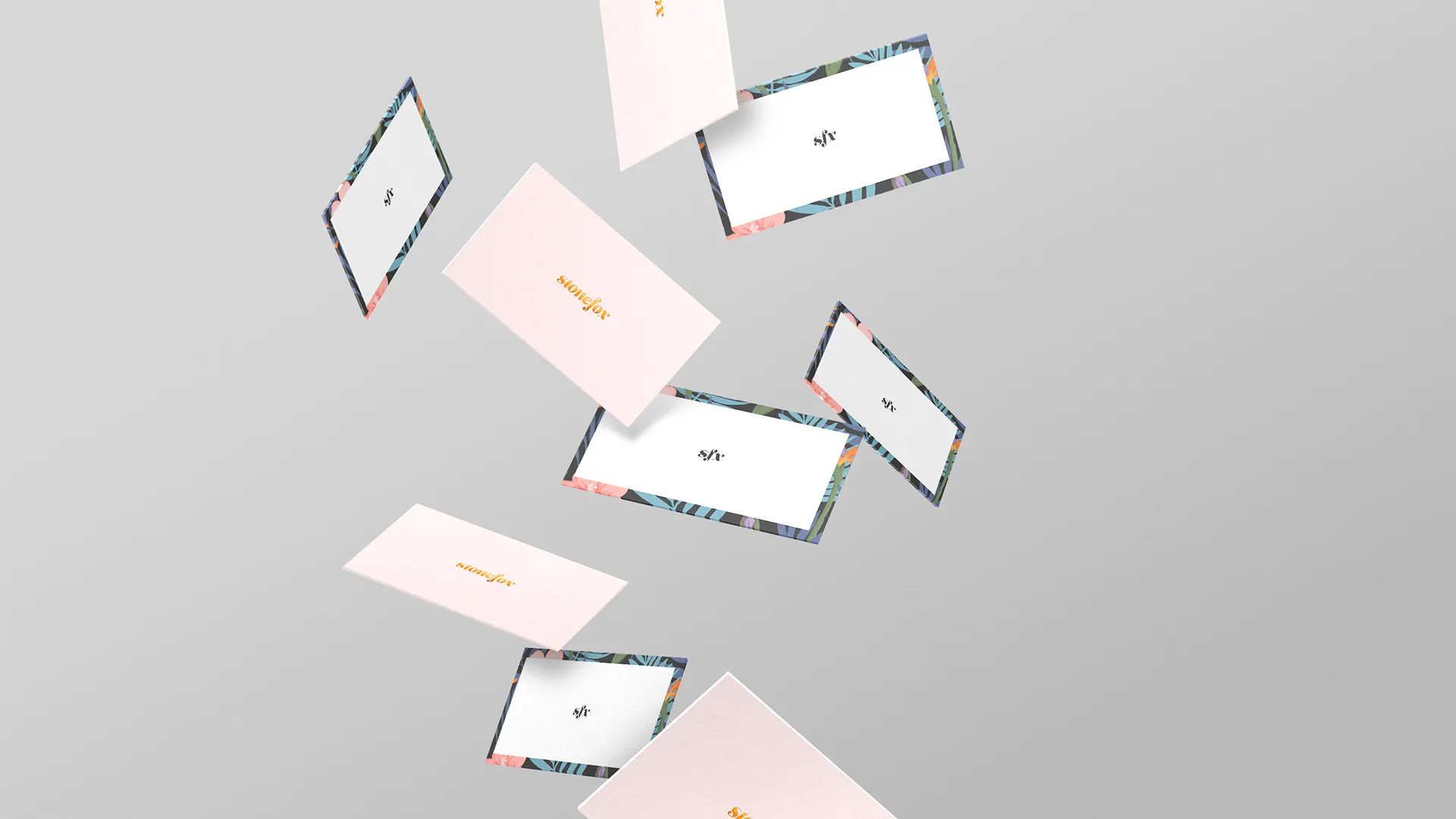 branding, stationery, soft pink, flower pattern, cute, foil, gravity, in the air, business cards