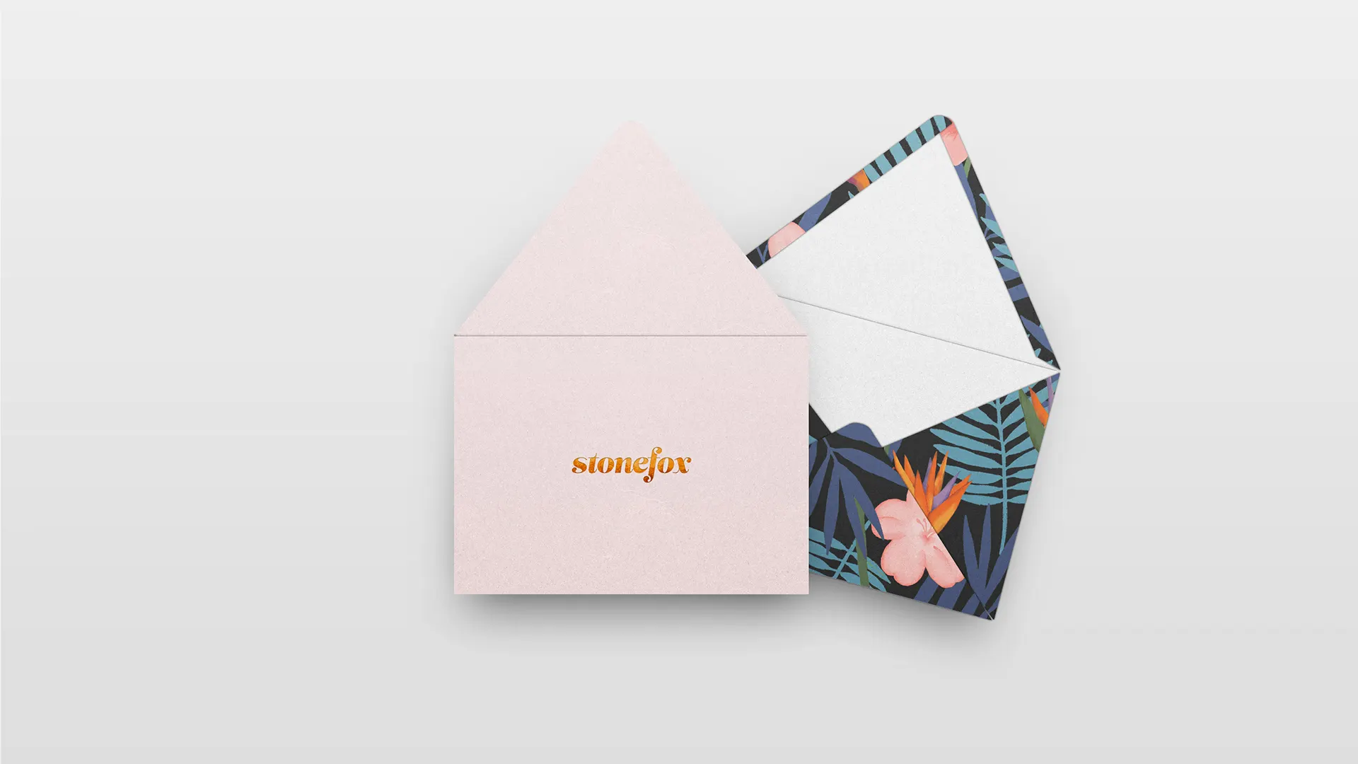 branding, stationery, soft pink, flower pattern, cute, foil, top view, envelopes